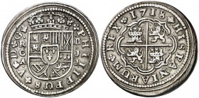1718. Felipe V. Cuenca. JJ. 2 reales. (AC. 670). 5,80 g. Buen ejemplar. Ex Colección Javier Verdejo Sitges. Escasa. MBC+.