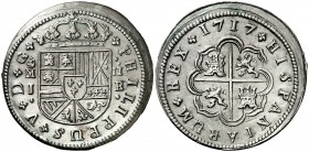 1717. Felipe V. Madrid. J. 2 reales. (AC. 770). 6,15 g. Leones sin corona. Bella. Ex Colección Manuela Etcheverría. Escasa así. EBC.
