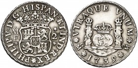 1735/4. Felipe V. México. MF. 2 reales. (AC. 810). 6,60 g. Columnario. Sobrefecha muy clara. Atractiva. Escasa así. MBC+.