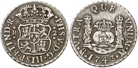 1743. Felipe V. México. M. 2 reales. (AC. 829). 6,62 g. Columnario. Escasa. MBC+/MBC.