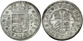 1723. Felipe V. Segovia. F. 2 reales. (AC. 958). 5,76 g. Parte de brillo original. Ex Colección Manuela Etcheverría. Bella. EBC.