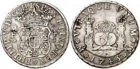 1745. Felipe V. México. MF. 4 reales. (AC. 1132). 13,30 g. Columnario. Muy escasa. MBC/MBC-.