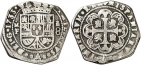 1733. Felipe V. México. MF. 8 reales. (AC. 1431). 26,76 g. Tipo "cortada". Agujero tapado. Rara. (MBC-).