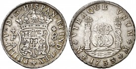 1733. Felipe V. México. F. 8 reales. (AC. 1438). 26,75 g. Columnario. Muy rara. MBC+.
