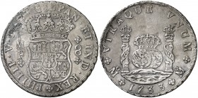 1733. Felipe V. México. MF. 8 reales. (AC. 1439). 26,76 g. Columnario. Oxidaciones marinas. Ex Áureo & Calicó 29/04/2010, nº 447. Muy rara. (EBC-)....