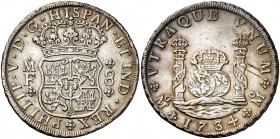 1734. Felipe V. México. MF. 8 reales. (AC. 1442). 26,75 g. Columnario. Rayitas en reverso. Atractiva pátina. Escasa. (EBC-).