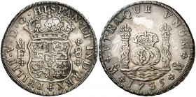1735. Felipe V. México. MF. 8 reales. (AC. 1443). 26,70 g. Columnario. Manchitas y rayitas. (MBC+).