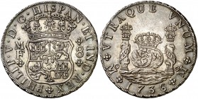 1736. Felipe V. México. MF. 8 reales. (AC. 1445). 26,74 g. Columnario. Rayita en reverso. Preciosa pátina. Escasa así. EBC-.