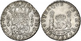 1737. Felipe V. México. MF. 8 reales. (AC. 1446). 26,60 g. Columnario. Leves rayitas. Atractiva. Ex Áureo & Calicó 26/05/2010, nº 430. Escasa. MBC+....