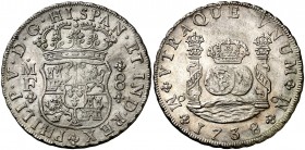 1738. Felipe V. México. MF. 8 reales. (AC. 1449). 26,83 g. Columnario. Leves marquitas. Parte de brillo original. Escasa así. EBC-.