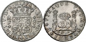 1739. Felipe V. México. MF. 8 reales. (AC. 1453). 26,75 g. Columnario. Rara así. EBC+/EBC.