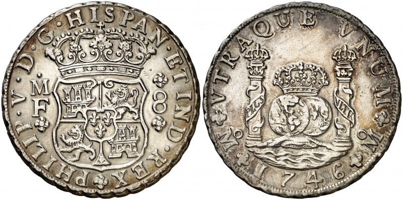 1746. Felipe V. México. MF. 8 reales. (AC. 1470). 26,85 g. Columnario. Limpiada....