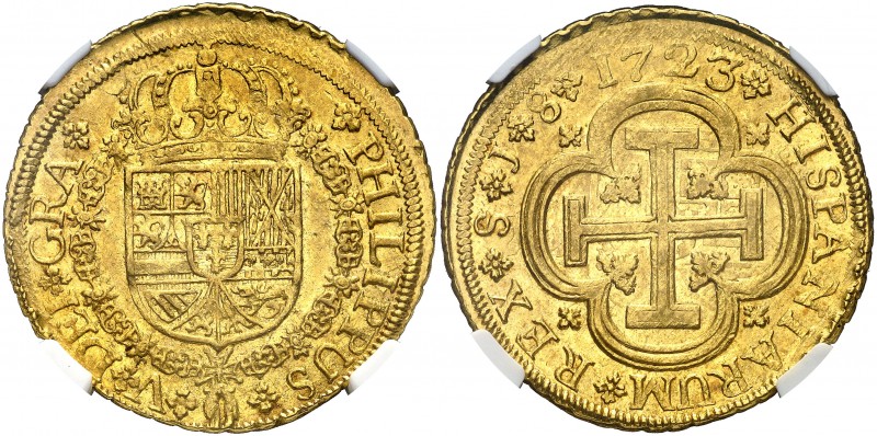 1723. Felipe V. Sevilla. J. 8 escudos. (AC. 2296) (Cal.Onza 519). Tipo "cruz". E...