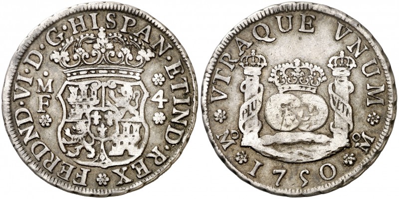 1750. Fernando VI. México. MF. 4 reales. (AC. 383). 13,29 g. Columnario. Muy esc...