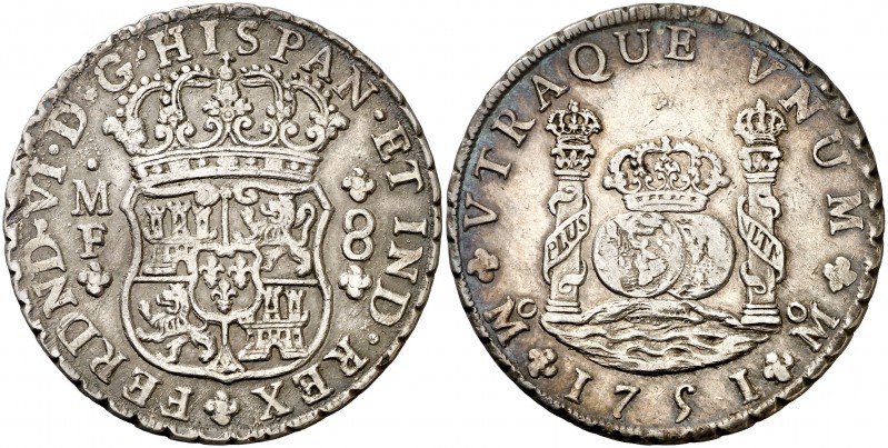 1751. Fernando VI. México. MF. 8 reales. (AC. 475). 26,97 g. Columnario. Leves r...