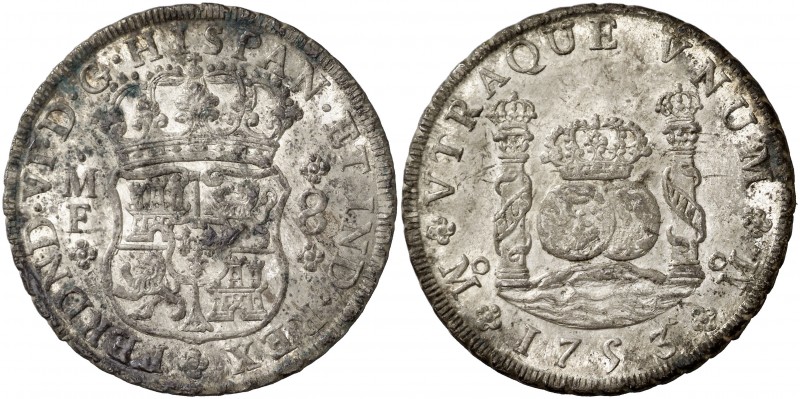 1753. Fernando VI. México. MF. 8 reales. (AC. 479). 26,81 g. Columnario. Pátina ...