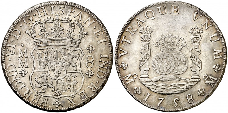 1758. Fernando VI. México. MM. 8 reales. (AC. 494). 26,71 g. Columnario. Leves m...