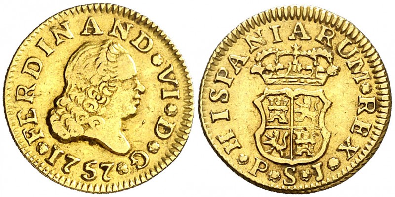 1757. Fernando VI. Sevilla. PJ. 1/2 escudo. (AC. 583). 1,77 g. Rara. MBC-/MBC+.