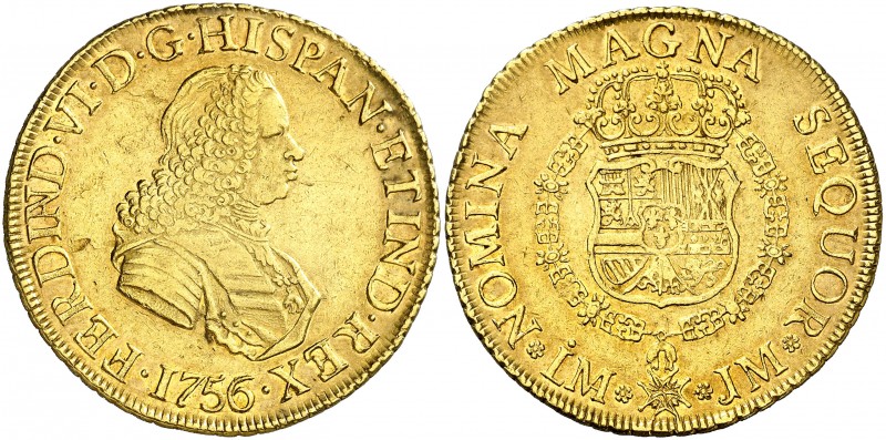 1756. Fernando VI. Lima. JM. 8 escudos. (AC. 771) (Cal.Onza 584). 26,93 g. Leves...