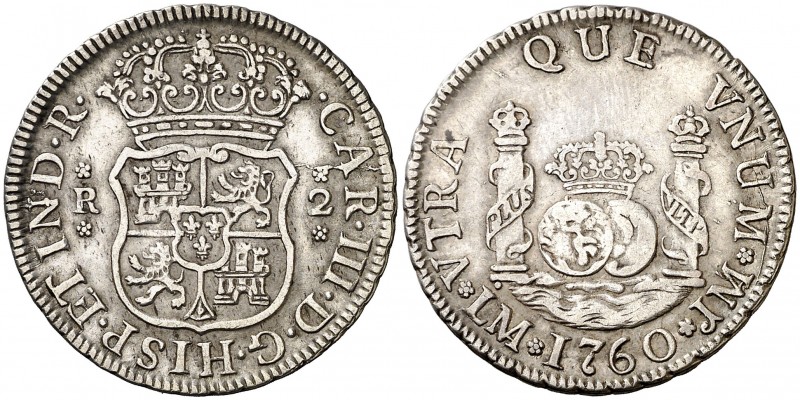 1760. Carlos III. Lima. JM. 2 reales. (AC. 570). 6.80 g. Columnario. Buen ejempl...