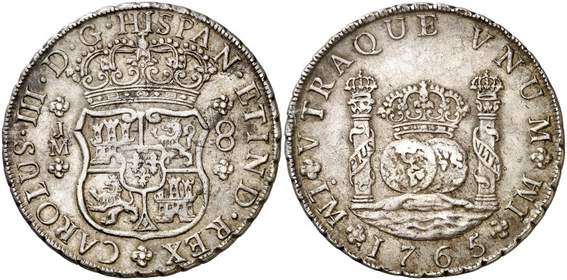 1765. Carlos III. Lima. JM. 8 reales. (AC. 1025). 27 g. Columnario. Punto sólo s...