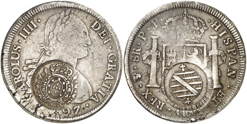 1797. Carlos IV. Potosí. PP. 8 reales. 26,79 g. Golpecitos. Escasa. MBC-.