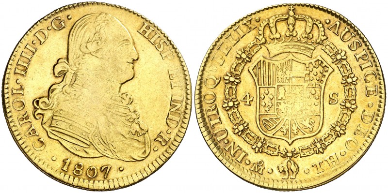 1807. Carlos IV. México. TH. 4 escudos. (AC. 1506). 13,42 g. Acuñación floja. Pa...