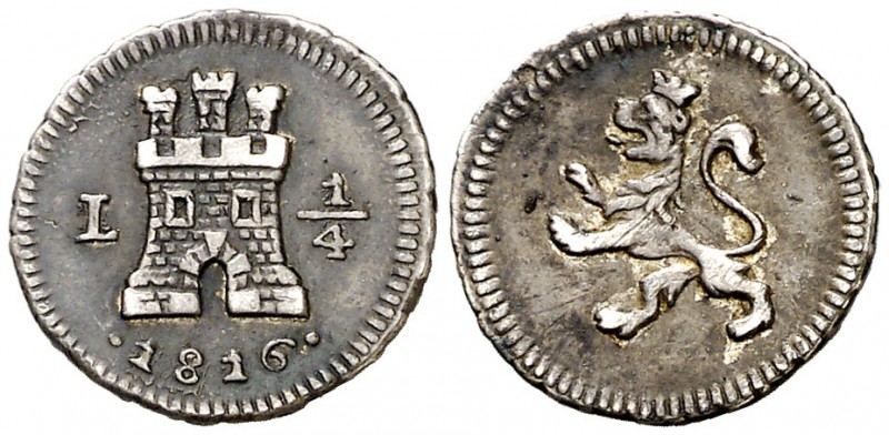 1816. Fernando VII. Lima. 1/4 de real. (AC. 267). 0,84 g. Buen ejemplar. Escasa....