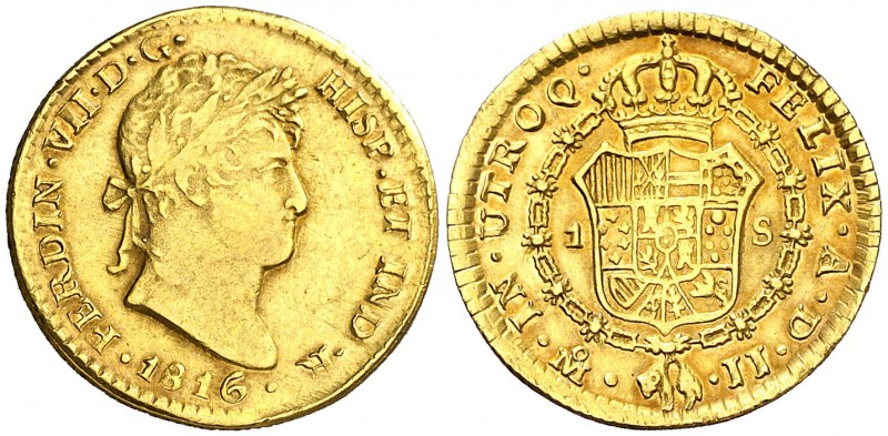 1816. Fernando VII. México. JJ. 1 escudo. (AC. 1518). 3,36 g. Bella. Precioso co...