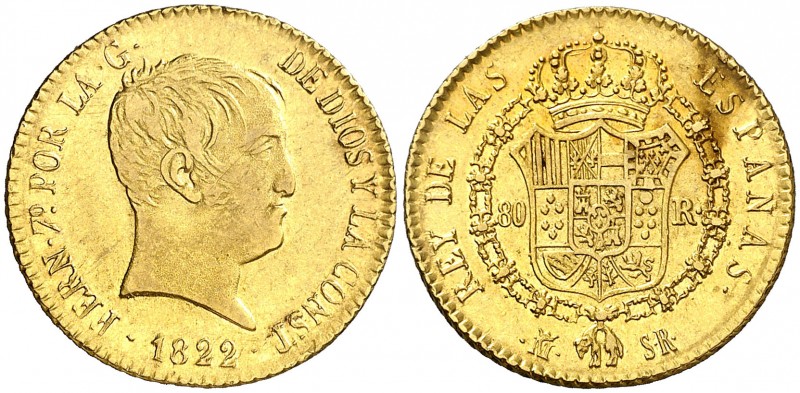 1822. Fernando VII. Madrid. SR. 80 reales. (AC. 1641). 6,72 g. Parte de brillo o...