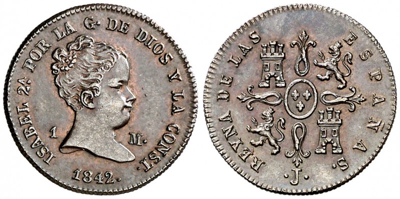 1842. Isabel II. Jubia. 1 maravedí. (AC. 32). 1,22 g. Muy bella. Rara así. S/C-....