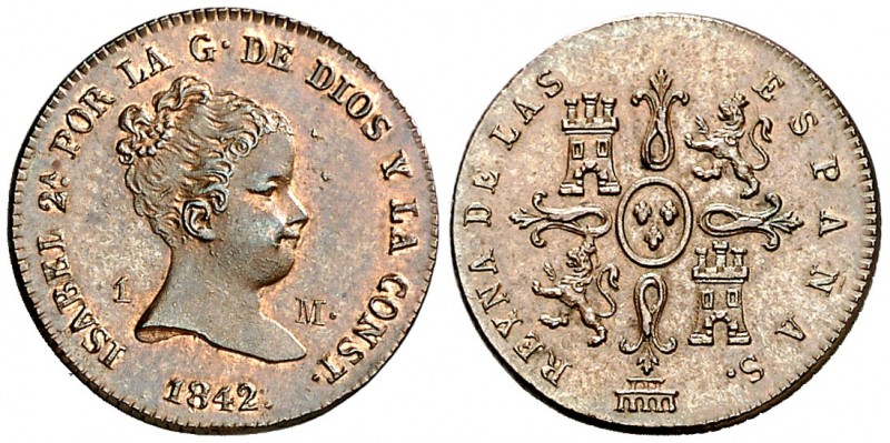 1842. Isabel II. Segovia. 1 maravedí. (AC. 35). 1,31 g. Muy bella. Escasa así. S...