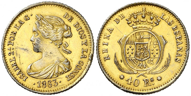 1863. Isabel II. Sevilla. 40 reales. (Barrera 864). 3,25 g. Falsa de época en pl...