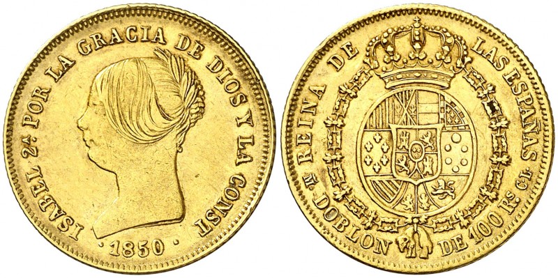 1850. Isabel II. Madrid. CL. Doblón de 100 reales. (AC. 757). 8,31 g. MBC/MBC+.