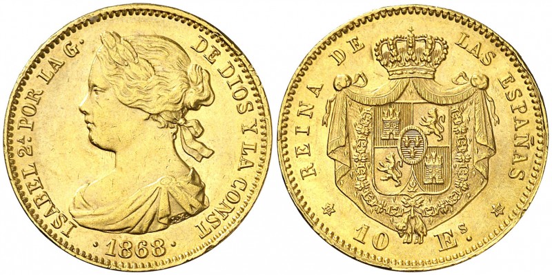 1868*1868. Isabel II. Madrid. 10 escudos. (AC. 815). 8,34 g. Golpecito. EBC.