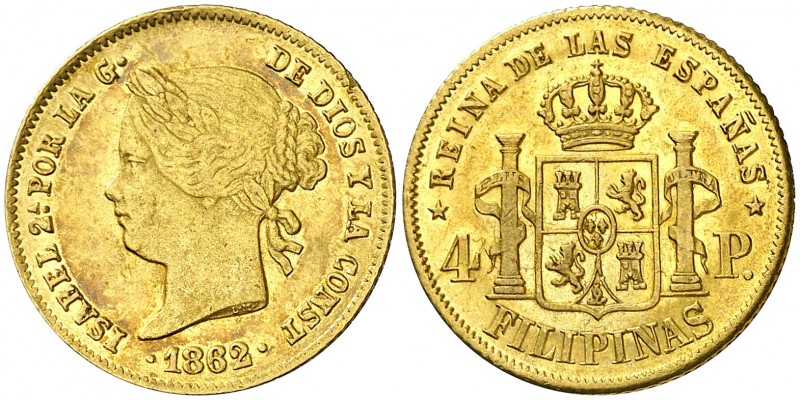 1862. Isabel II. Manila. 4 pesos. (AC. 854). 6,79 g. Leves marquitas. Parte de b...