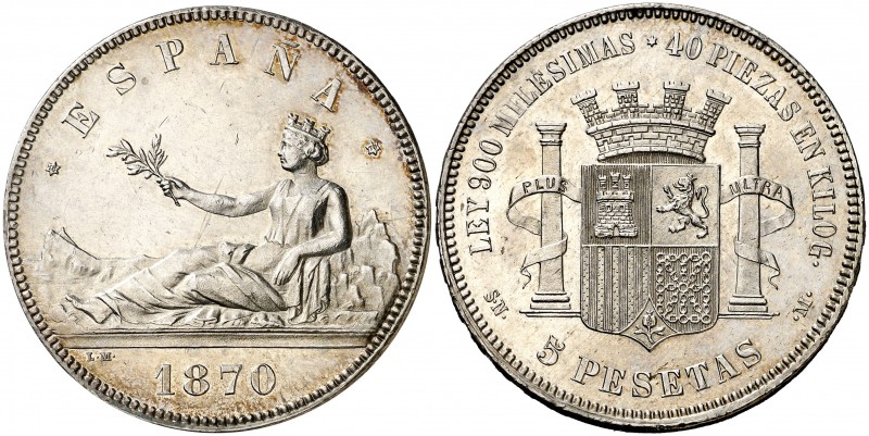 1870*1870. Gobierno Provisional. SNM. 5 pesetas. (AC. 39). 24,97 g. Mínimas rayi...