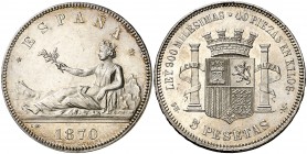 1870*1870. Gobierno Provisional. SNM. 5 pesetas. (AC. 39). 24,97 g. Mínimas rayitas. Bella. Rara así. EBC+.