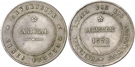 1873. Revolución Cantonal. Cartagena. 5 pesetas. (AC. 14). 28,61 g. Reverso no coincidente. 100 perlas en anverso y 95 en reverso. Escasa. MBC+.