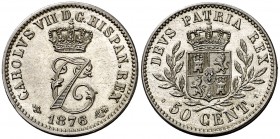 1876. Carlos VII Pretendiente. Bruselas. 50 céntimos. (AC. 9). 2,53 g. Bella. Brillo original. Escasa. S/C.