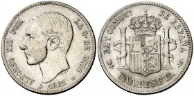 1881*--81. Alfonso XII. MSM. 1 peseta. (AC. 17). 4,92 g. Rara. MBC-.