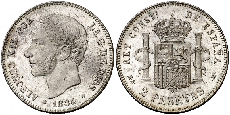 1884*1884. Alfonso XII. MSM. 2 pesetas. (AC. 34). 10 g. Leves marquitas. Bella. ...