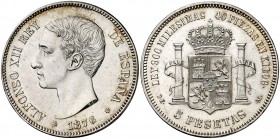 1876*1876. Alfonso XII. DEM. 5 pesetas. (AC. 37). 25,10 g. Mínimas rayitas. Limpiada. Bella. Rara así. EBC+.