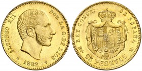 1882/1*1882. Alfonso XII. MSM. 25 pesetas. (AC. 84). 8,04 g. Parte de brillo original. Rara. EBC-/EBC.