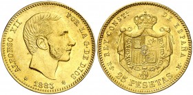 1883*1883. Alfonso XII. MSM. 25 pesetas. (AC. 87). 8,02 g. Leves rayitas. Parte de brillo original. Rara. EBC-.