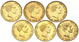 1877*1877. Alfonso XII. DEM. 25 pesetas. Lote de 6 monedas. EBC-/EBC.