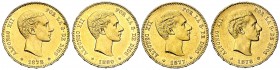Alfonso XII. 25 pesetas. 1877*1877 DEM, 1878*1878 DEM, 1878*1878 EMM y 1880*1880 MSM. Lote de 4 monedas. MBC+/EBC.