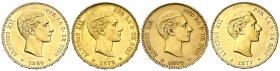 Alfonso XII. 25 pesetas. 1877*1877 DEM, 1878*1878 DEM, 1878*1878 EMM y 1880*1880 MSM. Lote de 4 monedas. EBC-/EBC.