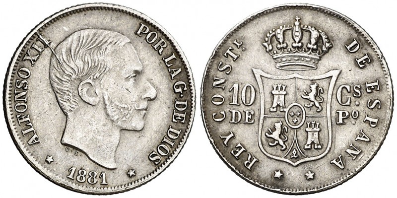 1881. Alfonso XII. Manila. 10 centavos. (AC. 94). 2,56 g. Buen ejemplar. EBC-/MB...