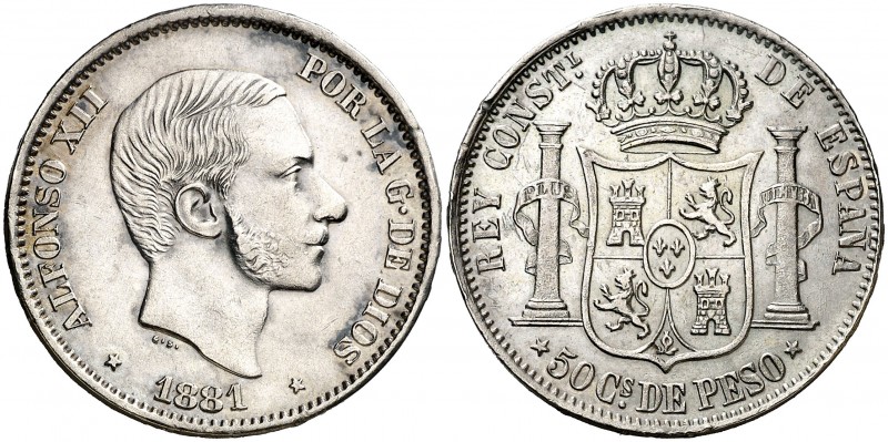 1881. Alfonso XII. Manila. 50 centavos. (AC. 114). 12,88 g. Atractiva. Escasa as...